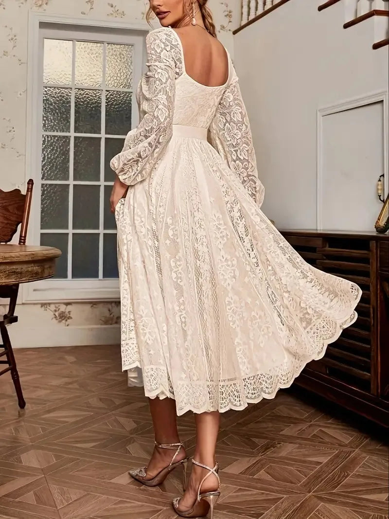 Elegant Party Dress For Woman Evening Prom Dresses Lace Long Gown V Neck Maxi Dress White Pink Floral Lace A Line Balloon Sleeve