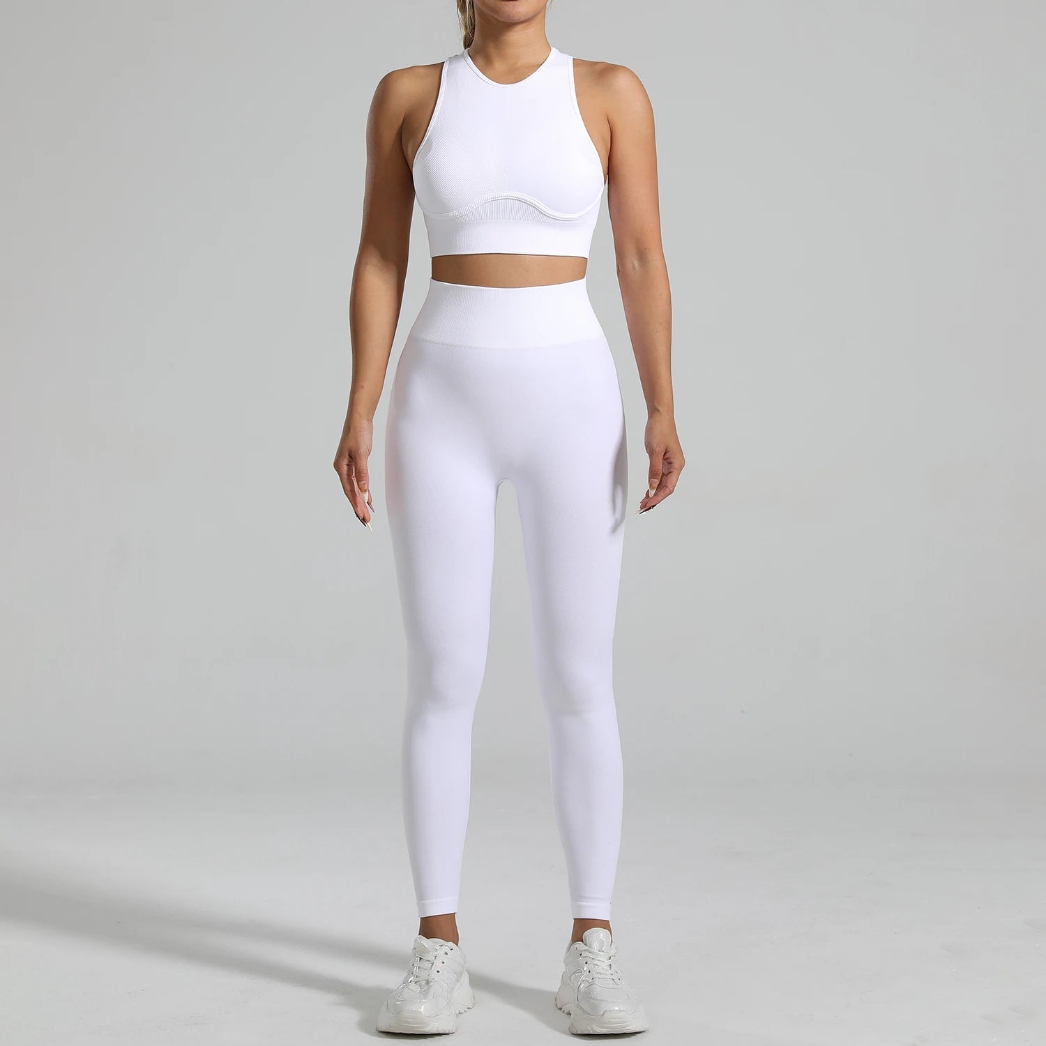 Seamless Ribbed High Waisted Yoga Set for Women, Tummy Control Criss Cross Back Workout Outfit, Quick Dry Fitness Set for Gym