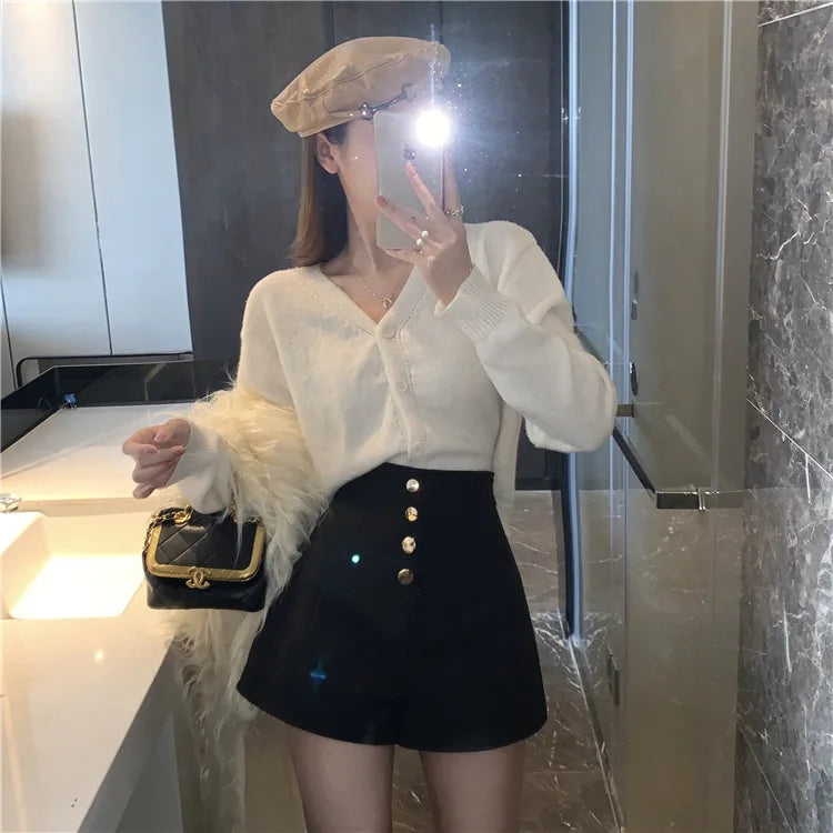 Black Shorts Women Spring Summer New Wide Leg Pants High Waist Single BreastedAApricot casual hot pants