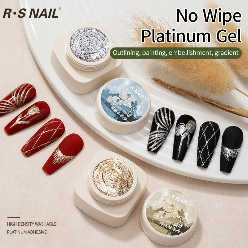 RSNAIL 5g No-Wipe Platinum Gel Nail Polish for Summer Reflective Sparkle Metallic Golden Silvery Drawing Liner Manicure Varnish