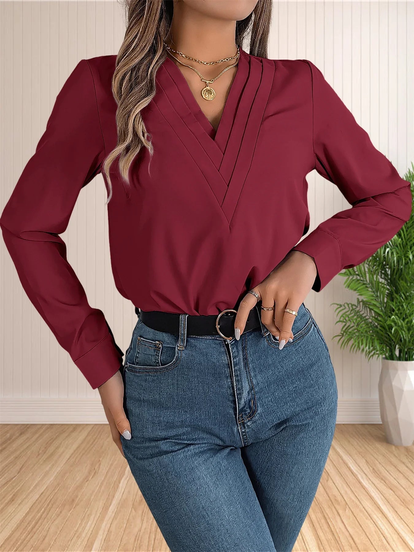 Elegant Layered V-Neck Work Blouse