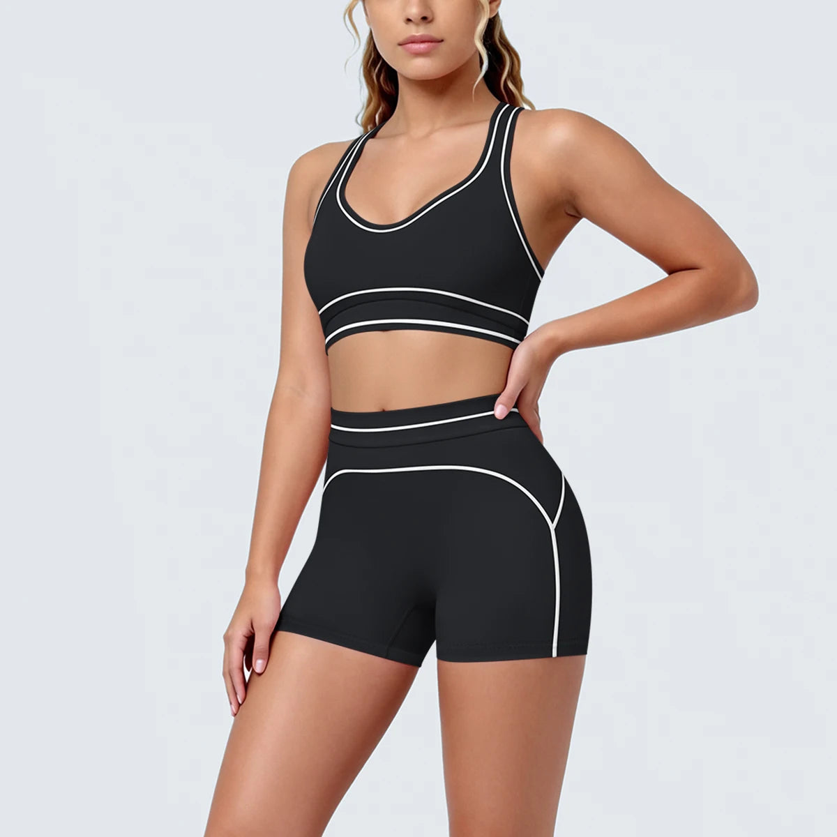 New Woman Yoga Set Color Blocking Sexy Sport Bra Yoga Underwear with Chest Pad High Waist Stripe Running Fitness Shorts Yoga Set
