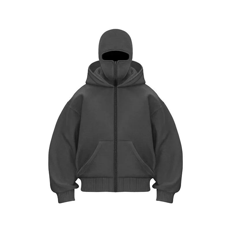 Unisex Hoodie Coat Warm Loose Balaclava Jacket Outdoor Sports Casual Jacket with Face Mask Street Wear