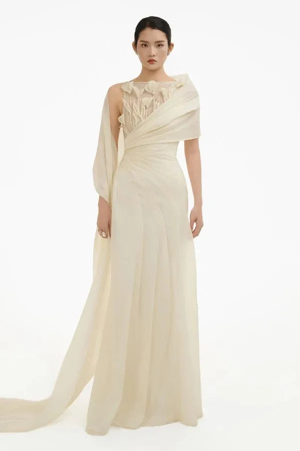 Women's Formal Evening Gowns Ivory Bridesmaid Dress With 3D Floral Applique Draped Cape Evening Dresses Wedding Dress