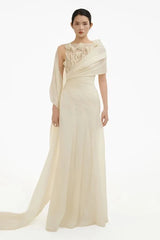 Women's Formal Evening Gowns Ivory Bridesmaid Dress With 3D Floral Applique Draped Cape Evening Dresses Wedding Dress
