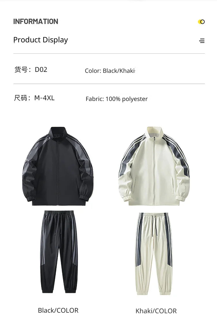 Men Fashion Tracksuit 2‑Piece Set, Stand Collar Zip‑Up Jacket & Drawstring Pants, Striped Casual Sports Outfit For Autumn Winter