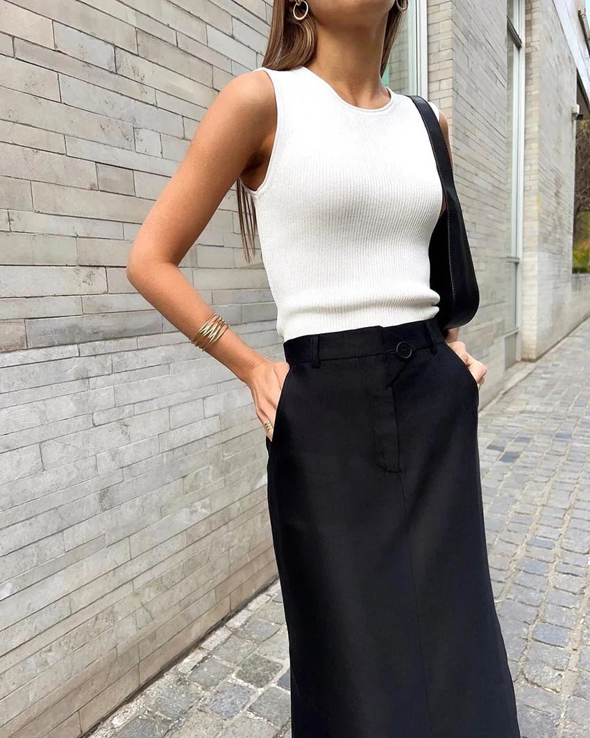 Black Loose Long Skirts Women A-Line Zip Skirts Ladies Elegant Summer Skirts Female With Pocket Ankle-Length Skirts