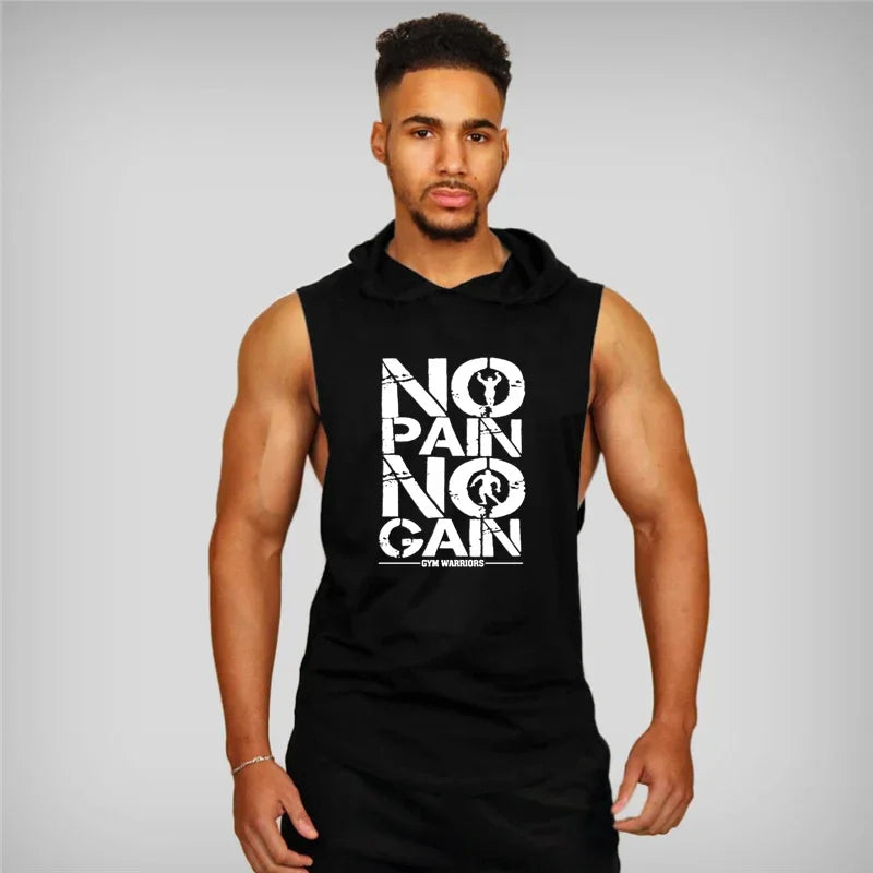 Men’s Fitness Workout Sportswear Tops Bodybuilding Hooded Tank Top Cotton Printed Sleeveless T-shirts Casual Hip Hop Undershirt