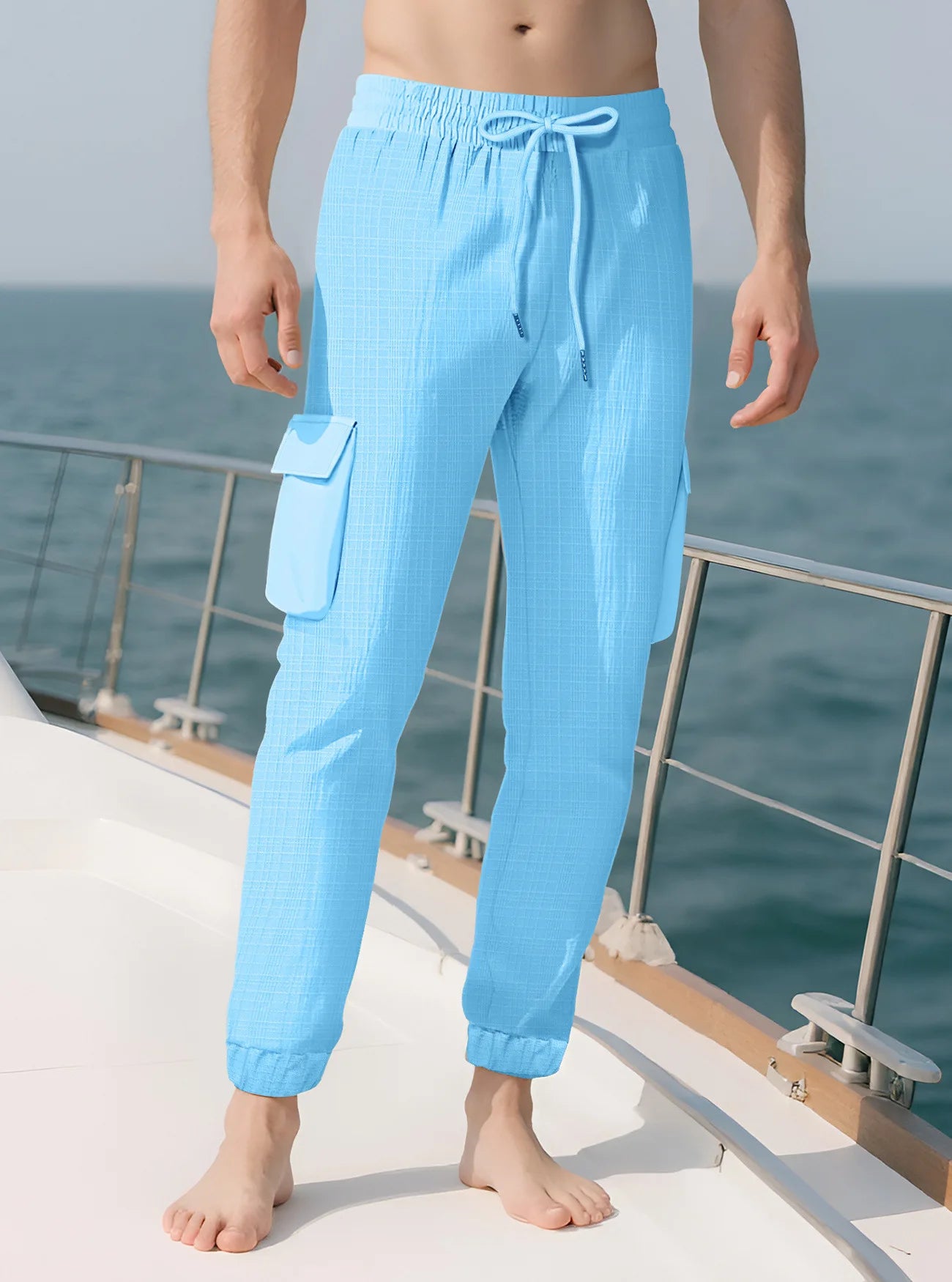 Men's Grid Cargo Joggers Drawstring Elastic Waist Multi Pocket Casual Ankle Length Trousers