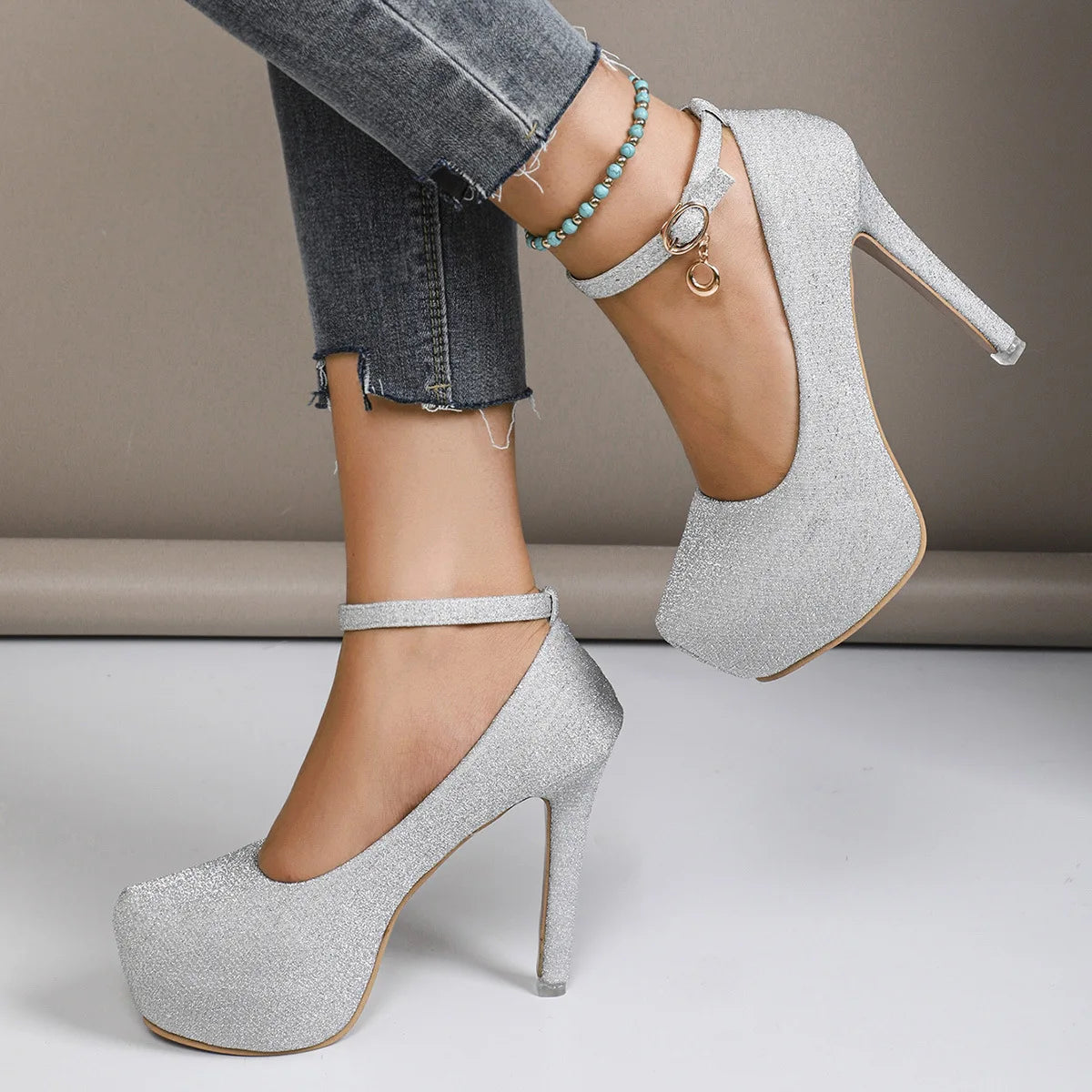 Women's High Heels 2025 New Style Semi-Uppered Thin Heel Waterproof Platform Buckle Fashion Shoes Large Size Strap Shoes