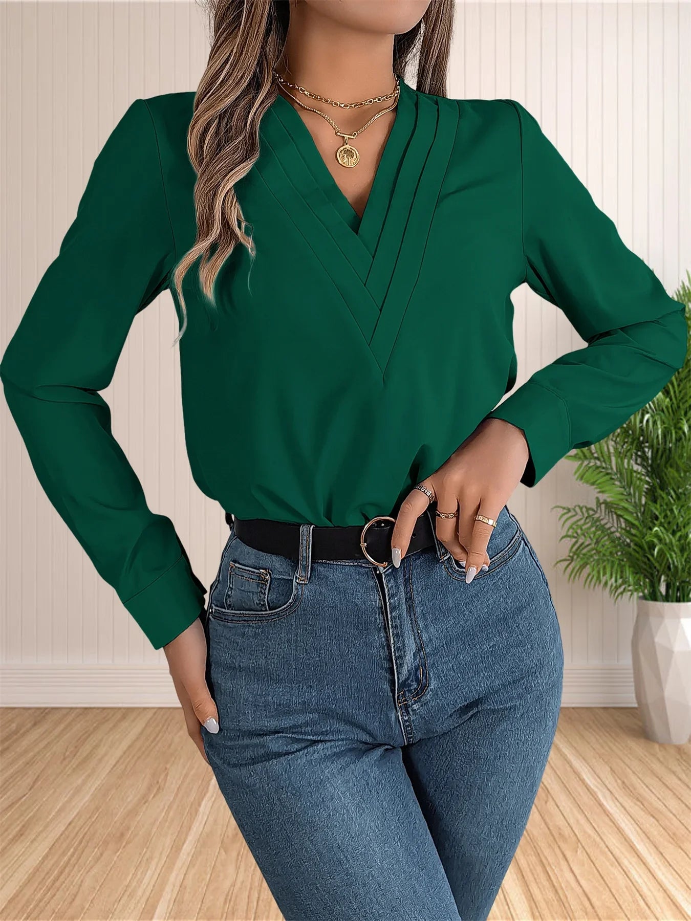 Elegant Layered V-Neck Office Blouse