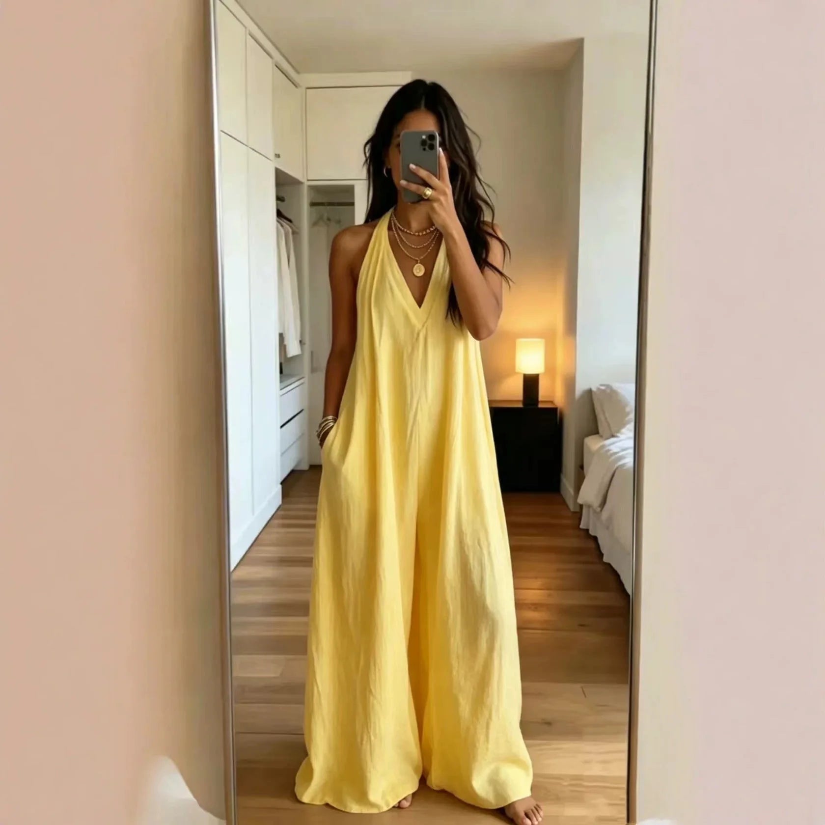 Women's White Halter Jumpsuit Deep V Neck Sleeveless Wide Leg Cuffed Hem Pocketed Boho Resort Casual Summer Y2K Chic Jumpsuit