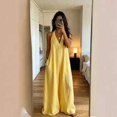 Women's White Halter Jumpsuit Deep V Neck Sleeveless Wide Leg Cuffed Hem Pocketed Boho Resort Casual Summer Y2K Chic Jumpsuit