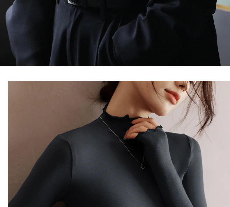 Ruffled Turtleneck Stretch Tee Women