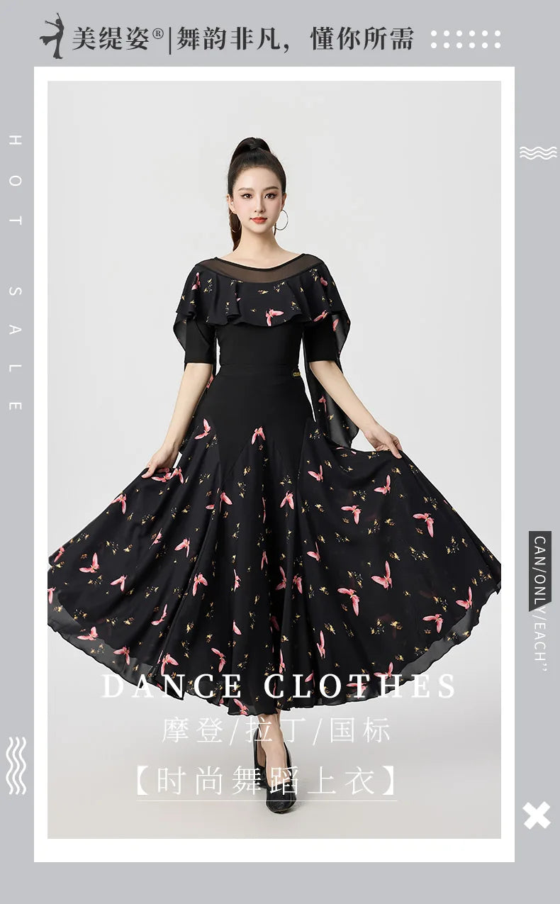 Dancewear Women Tops Summer Fashion Print Latin Line Dance Costume New Products Ballroom Dance Women Top Training Clothes Black