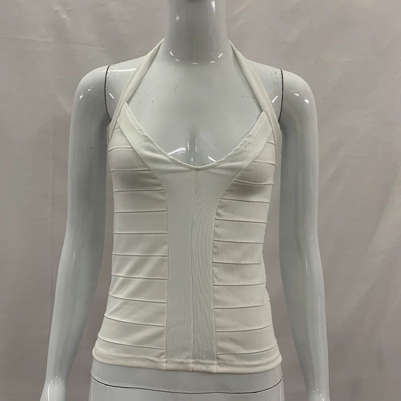 Women's Summer Tops Halter Neck Deep V Ruched Fitted Camisole Crop Top Black Top or White Top Y2K Sleeveless Party Clubwear
