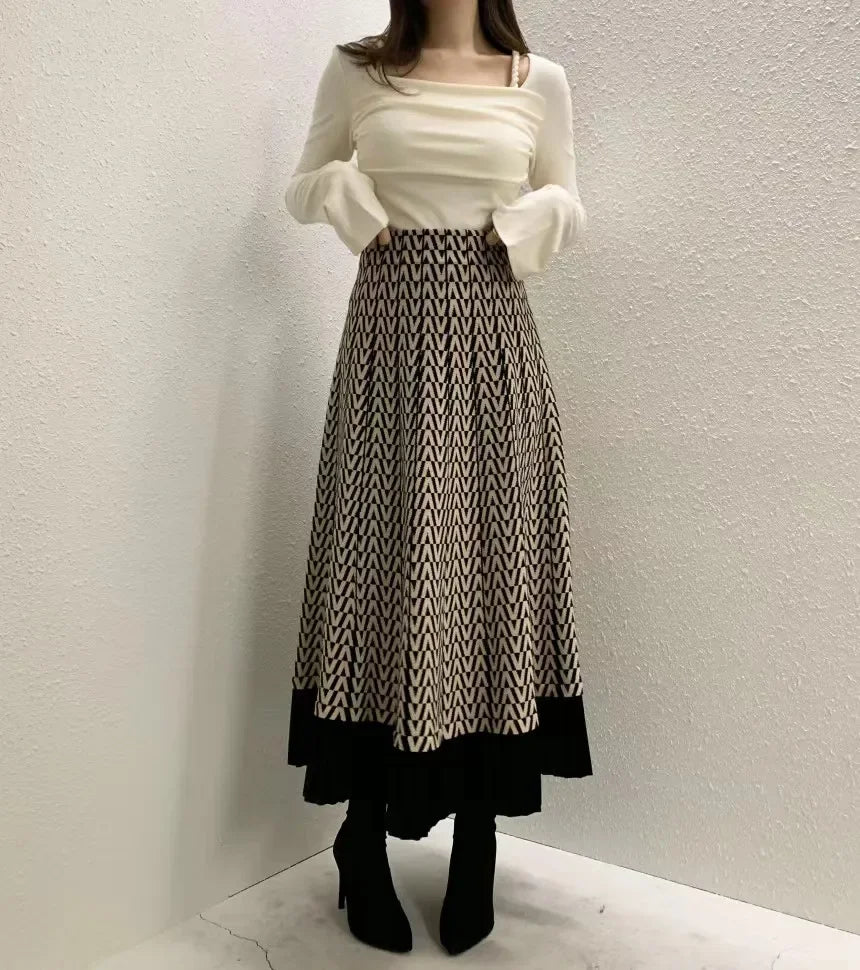 Retro Knitted Pleated Midi Skirt