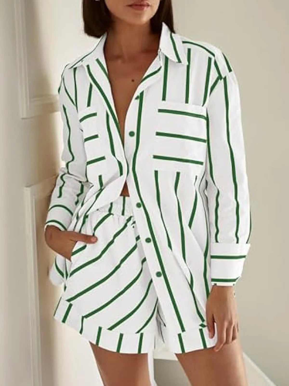 Striped Button Blouse Shorts Set