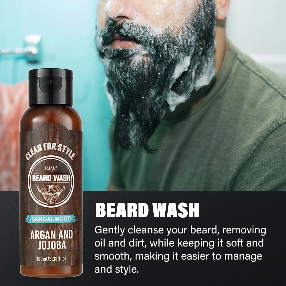 EJW Beard Care Set, Sandalwood Beard Shampoo and Beard no-rinse conditioner- Softens & Strengthens Beard, with Argan and Jojoba.