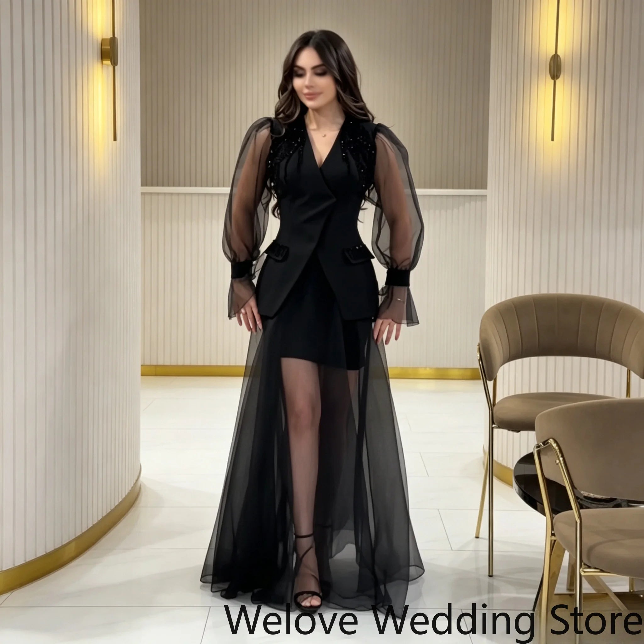 Black Evening Dress For Women V‑Neck Tulle Puff Long Sleeve Shoulder Beaded Embellishment Short Inner Dress Flowy Long Sheer