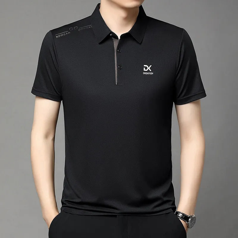 Men's Business Casual Short Sleeve Polo Shirt Solid Color with Badge Fashionable Breathable Comfortable Versatile Business Top