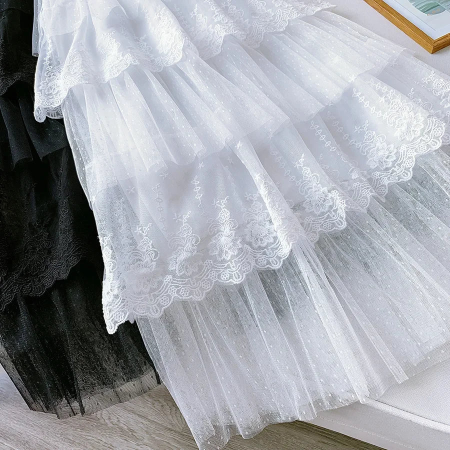 Women Skirts Cake-Style Skirt Spring Summer Fashion Lace Skirts Ladies High-Waisted Slimming Long Lace Skirt Elegant Tulle Skirt