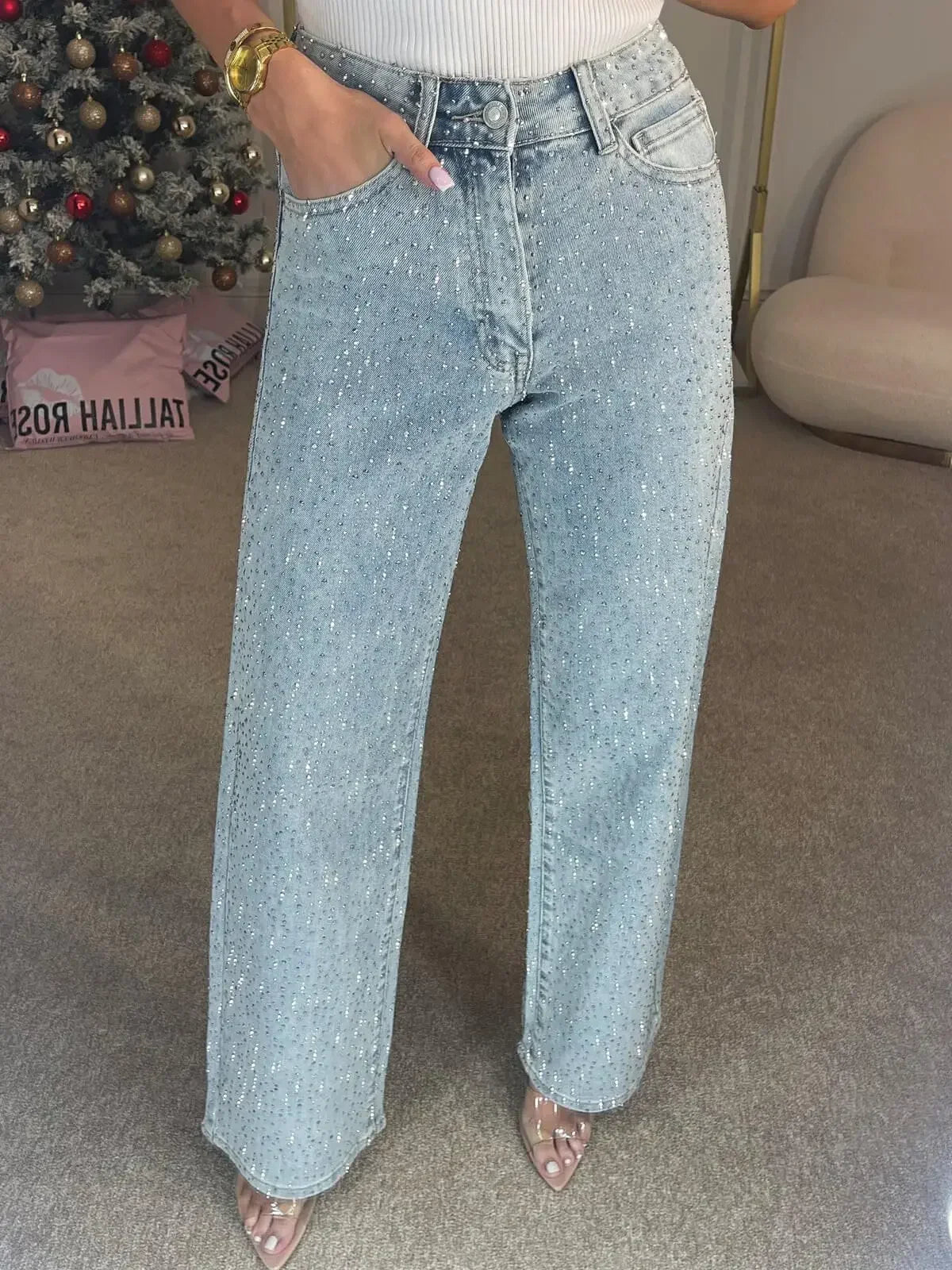 2025 Women Jeans Straight Diamonds Pants Stretch High Waist Washed Mom Jeans Y2k Streetwear Trousers Vintage Denims Streetwear