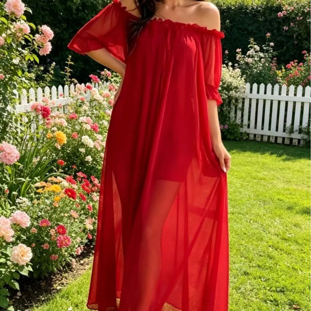 Home Dress Off Shoulder Sheer Nightgown V-neck Ruffle Mesh Nightdress Transparent Short Sleeve Long Sleeping Dress Sleep