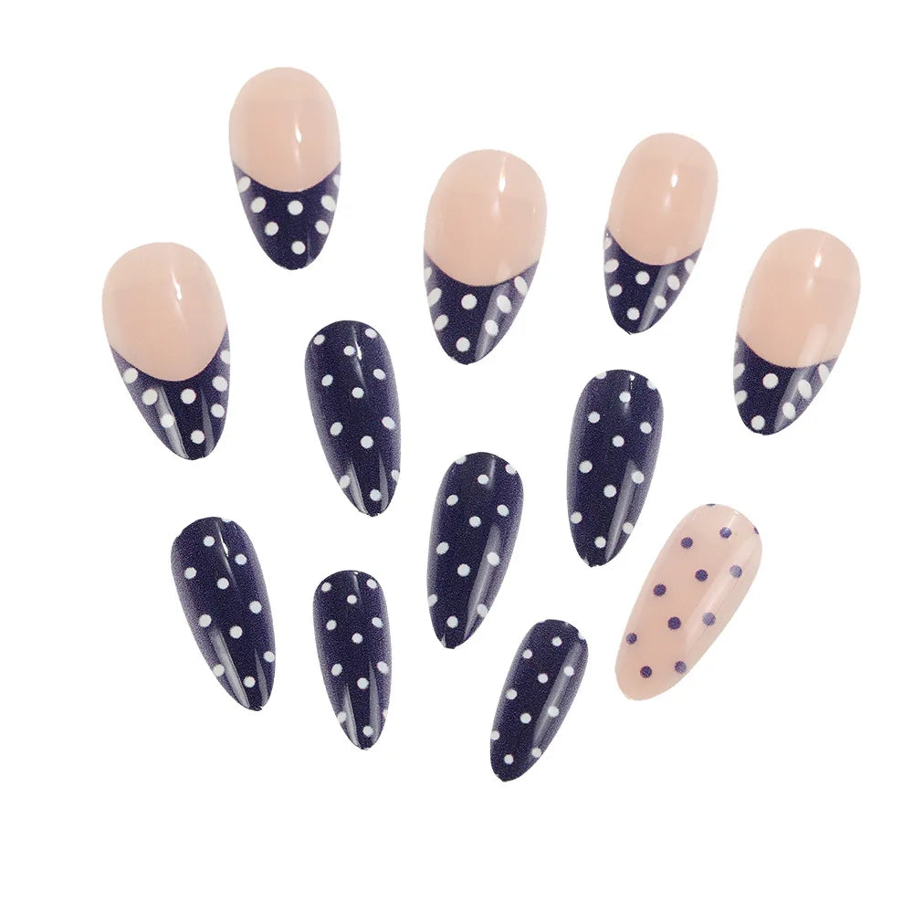 Medium long fake nails for women girls pink white black red blue brown polka dots design almond ballet tips press on false nail