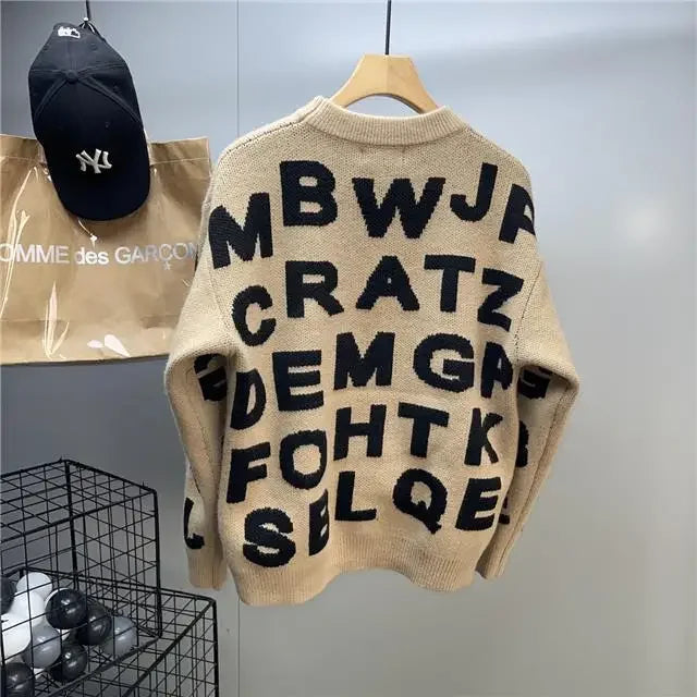 Sweater Men's Clothing Winter Full-print Letter Jacquard Loose Thickened Design Round Neck Top Trendy American Style Sweater