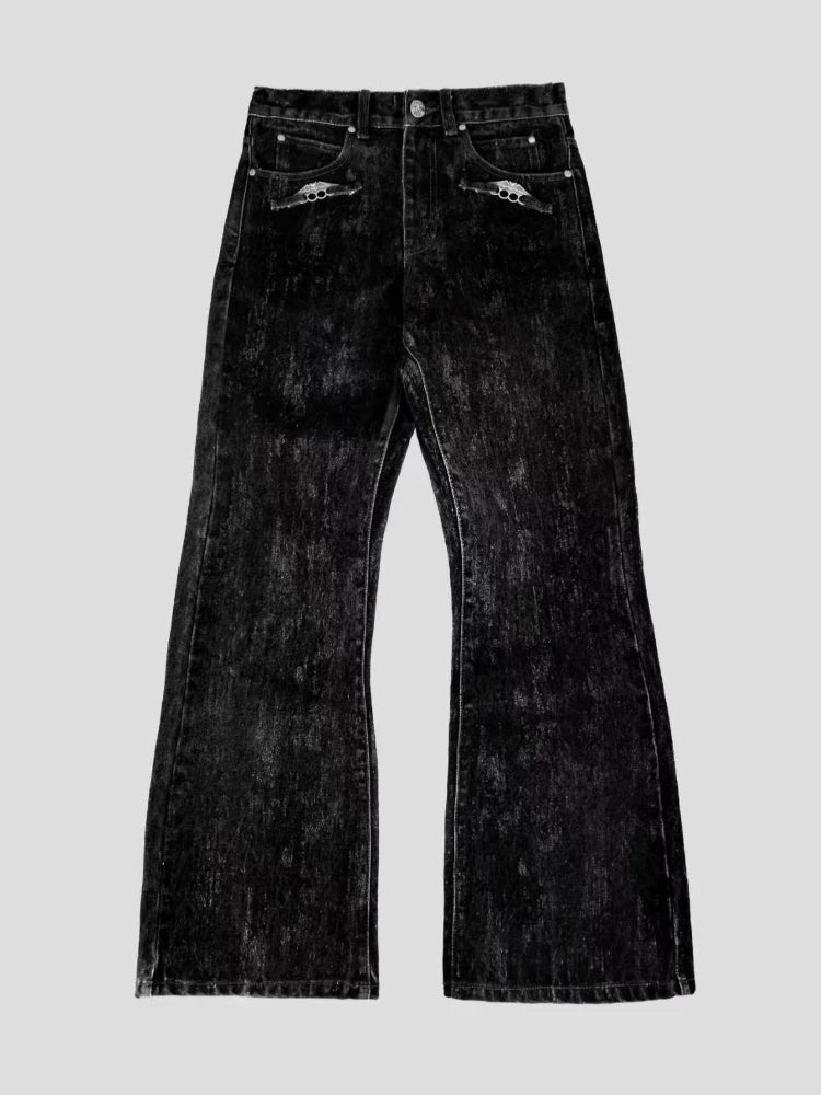 Mens Ins Style Jeans Fashion New American Vintage Flocked Flared Denim Pants Harajuku Unisex Loose Fit High Street Streetwear
