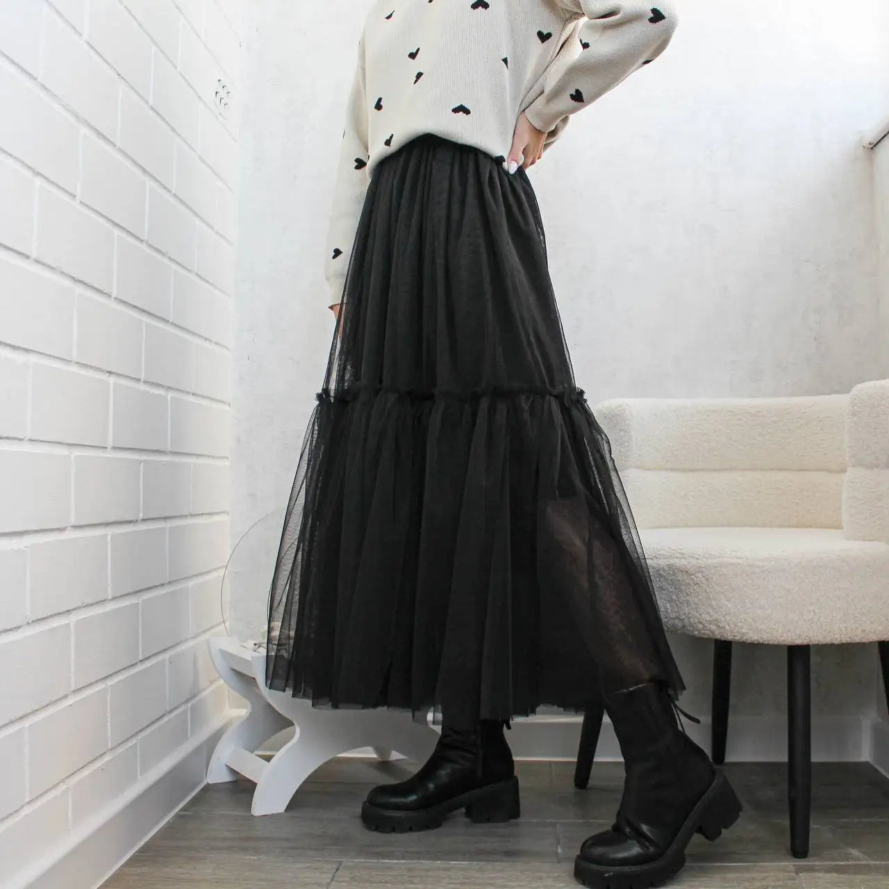 Pleated Lace Cake Midi Skirt