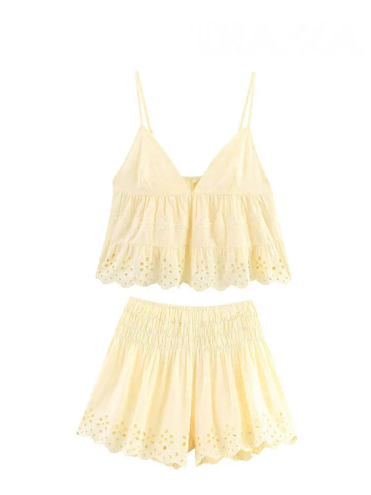 HH Women Shorts Suit Summer Sexy V-Neck Sleeveless Backless Hollow Design Top+Fashion High Waist Pleated Casual Slim Shorts