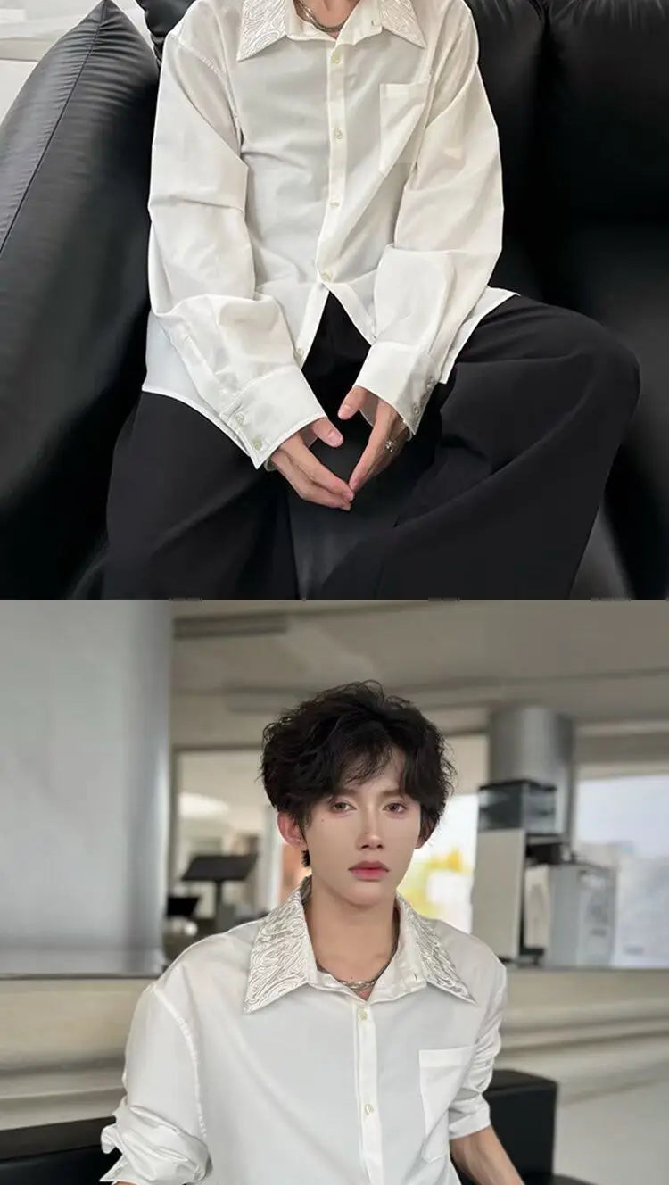 Men's Satin Shirt with Embellished Collar