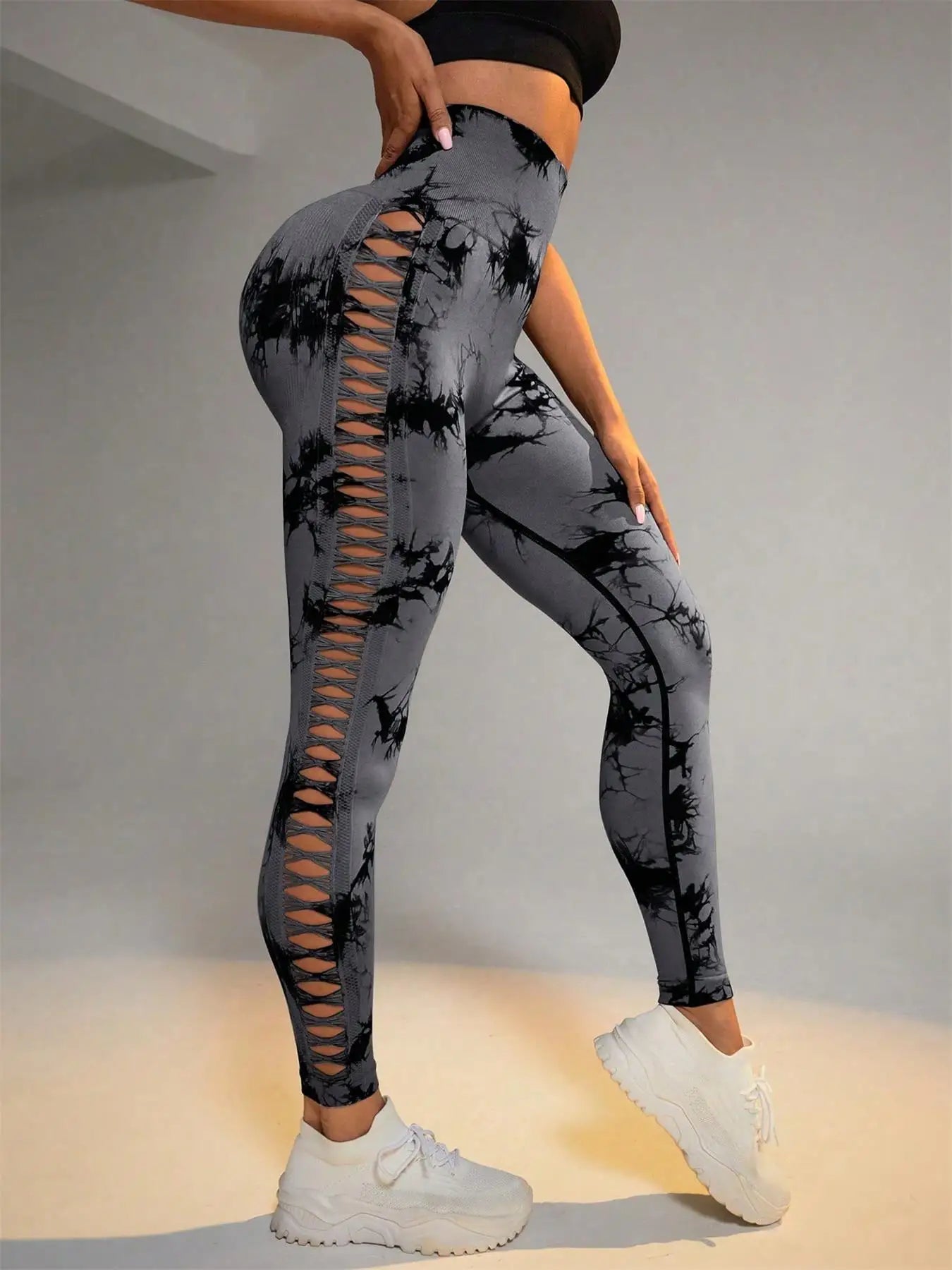 Women's Sporty Tie-Dyed Side-Cut Yoga Pants, Fashionable High-Waisted Hip-Lifting Sports Pants, Seamless Stretch Tight Pants
