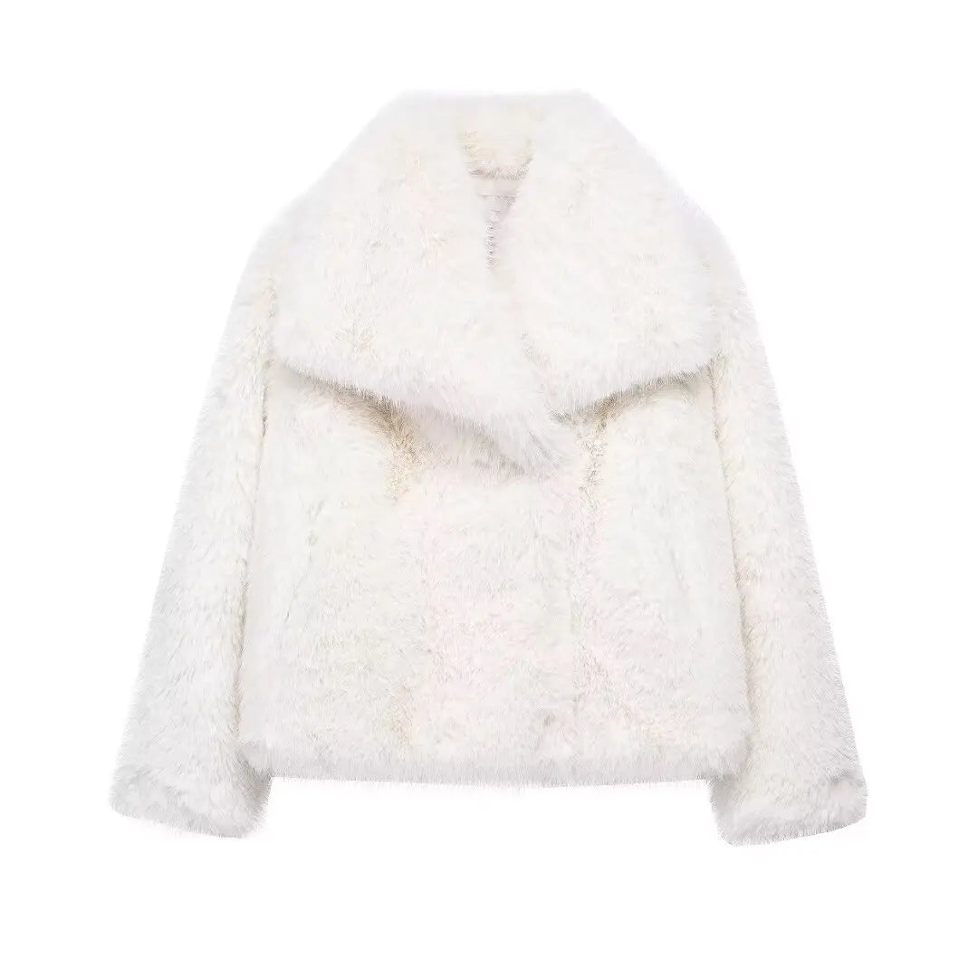 HH 2024 Women 's Vintage Soild Faux Fur Coat Turn-down Collar Long Sleeve Warm Plush Wool Coats Lady Winter Autumn Outwear