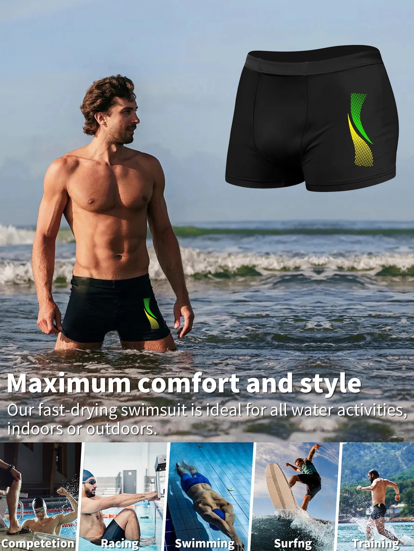 Swimming Trunks with Fashion Prints Men Quick Dry Beach Boxer Shorts with Drawstring Boy Swimwear Underpants
