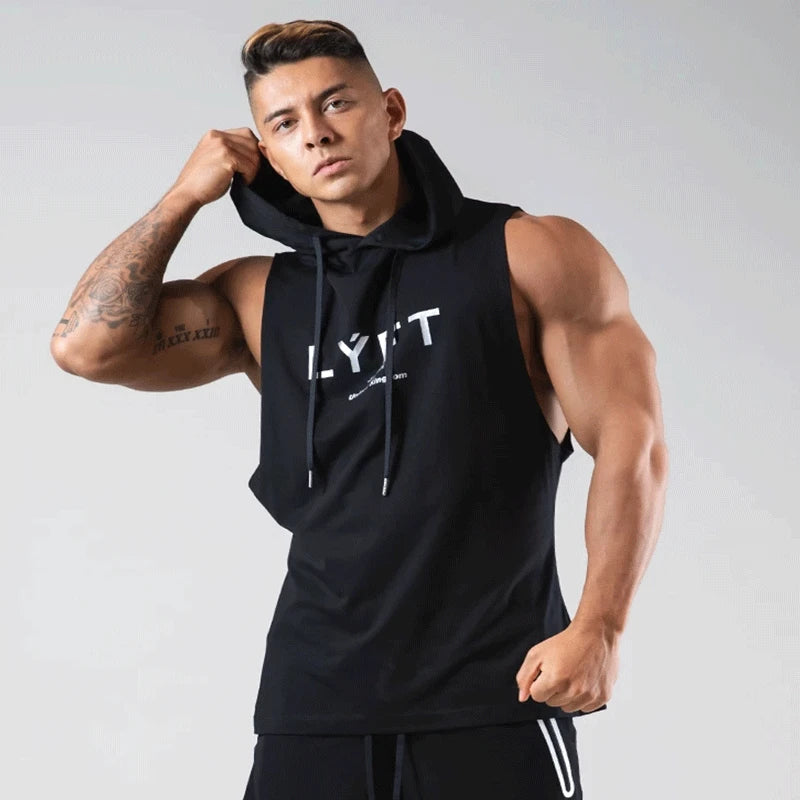 Men's Workout Hooded Tank Tops Bodybuilding Muscle Cut Off T Shirt Sleeveless Gym Hoodies