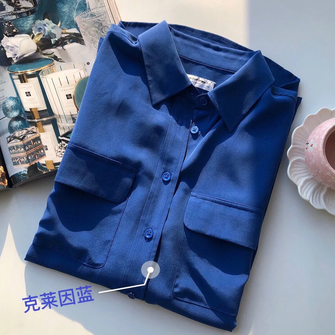 Women Real Silk Shirts Classic Double Pockets Solid Color Casual Fashion Long Sleeve Thin Shirt Blouses Tees