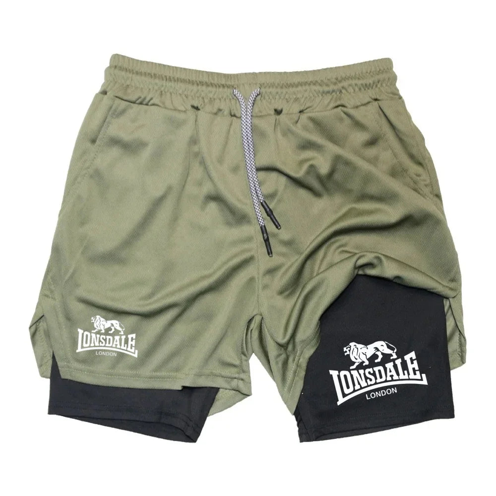 Print 2in1 Running Shorts for Men Gym Workout Compression Shorts with Phone Pocket Towel Loop Summer Sport Athletic Activewear
