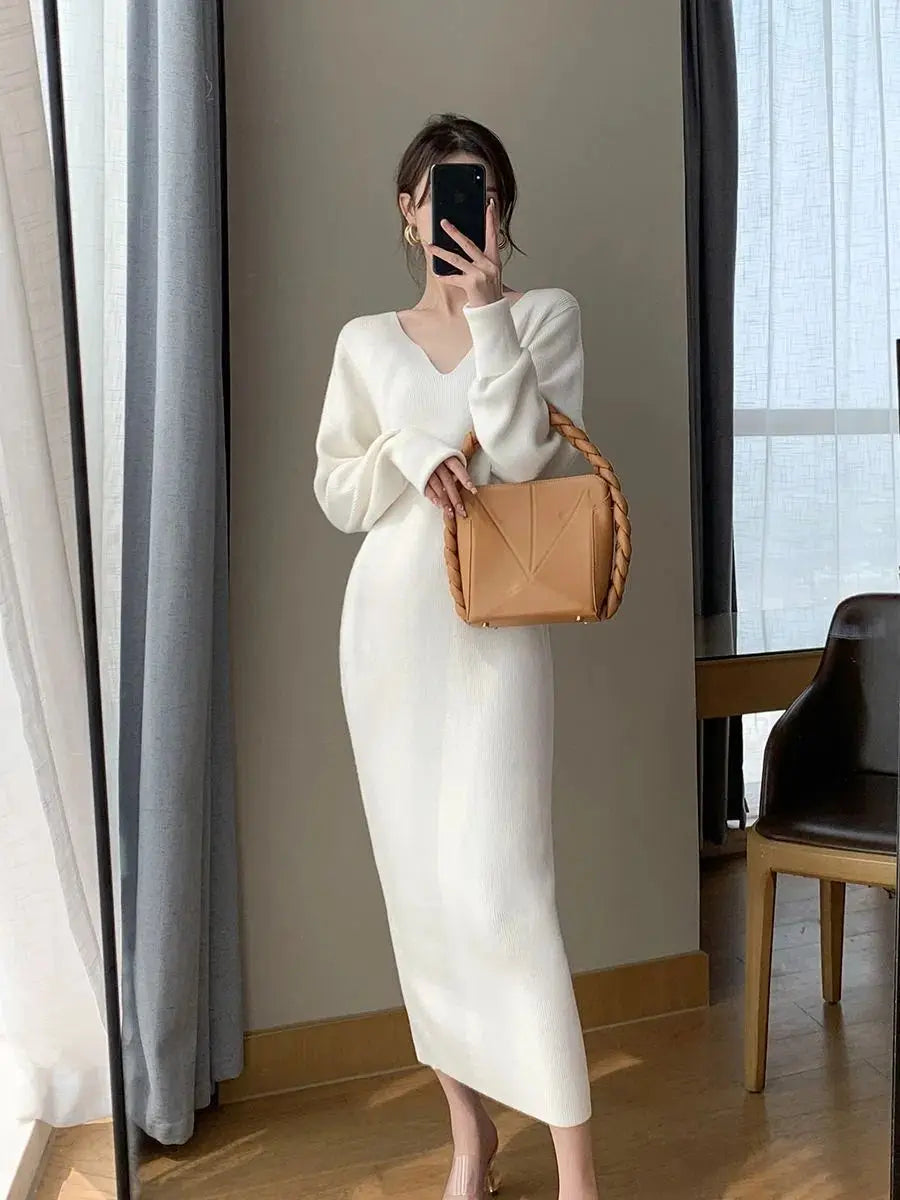 French Knit V-Neck Midi Dress