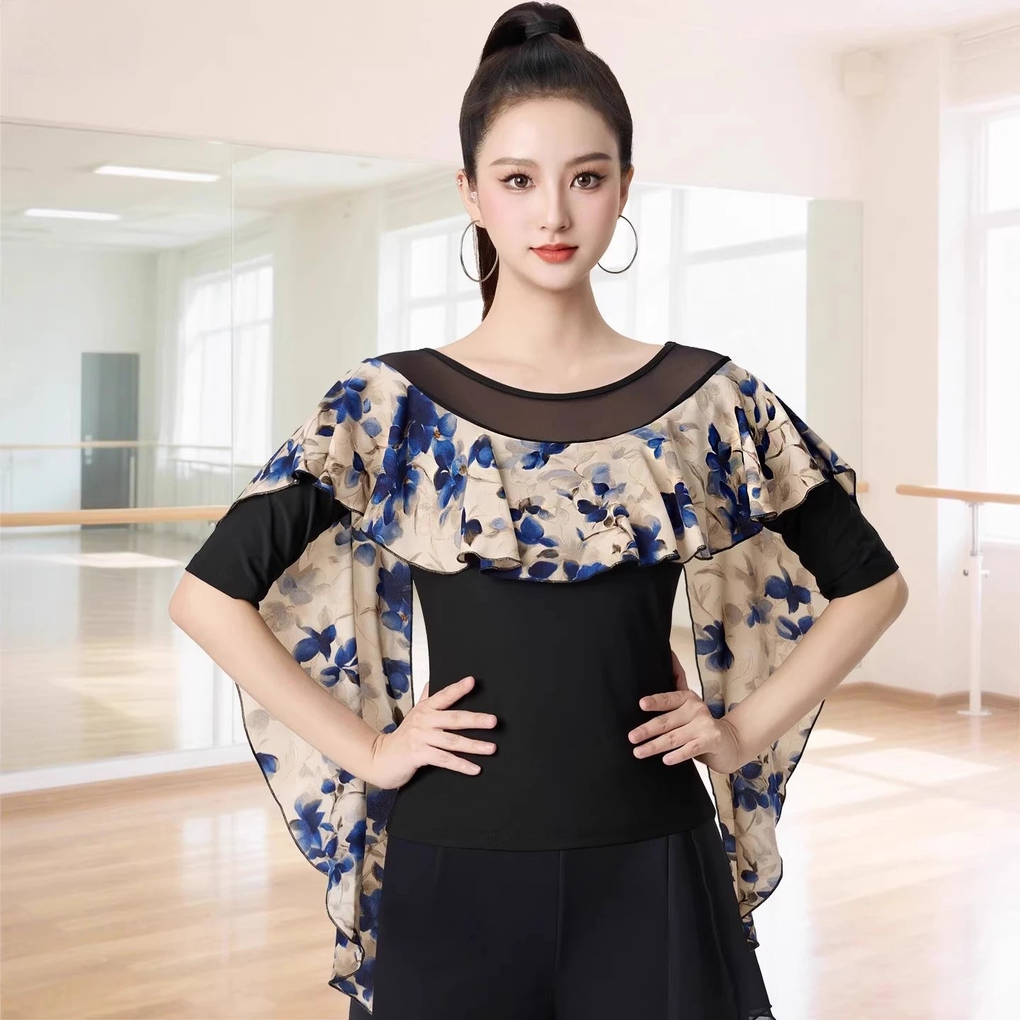 Dancewear Women Tops Summer Fashion Print Latin Line Dance Costume New Products Ballroom Dance Women Top Training Clothes Black