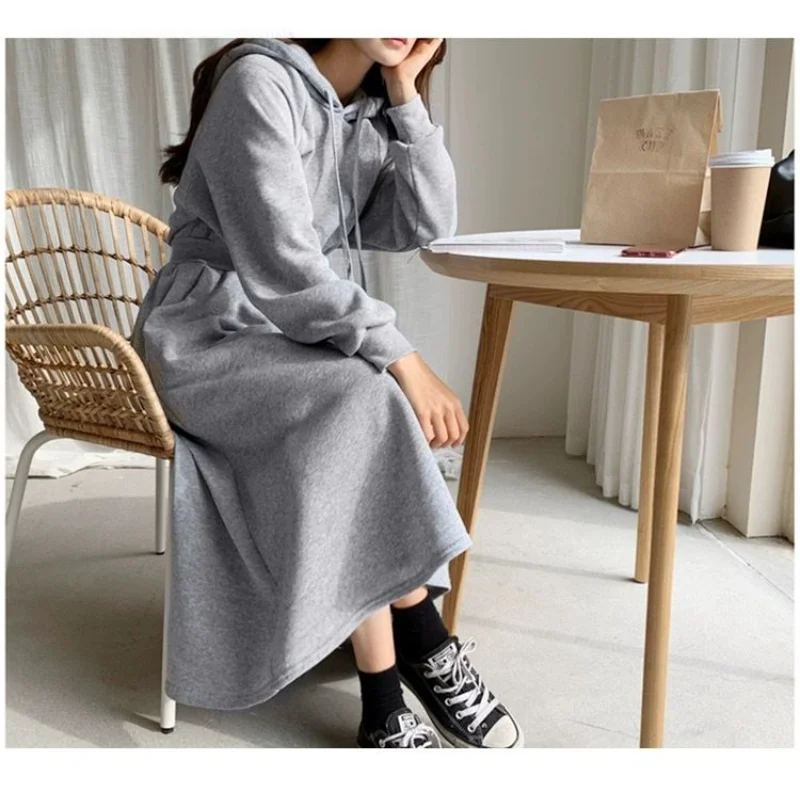 Hooded Mid-Calf Sweatshirt Dress for Autumn Winter