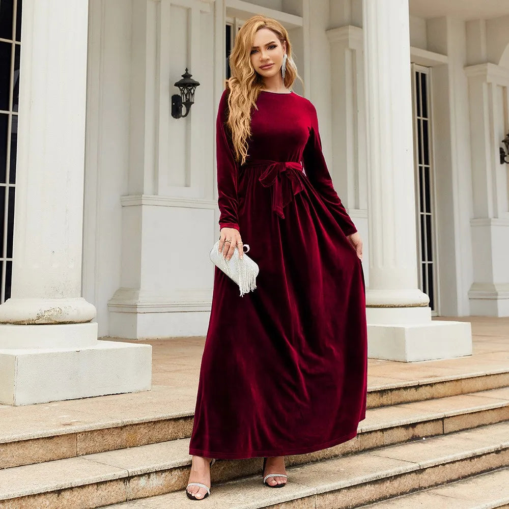 Women's Elegant A-Line Velvet Dress for Wedding Guest Prom Party Wedding Party, Long Sleeve Round Neck Belted Full Skirt