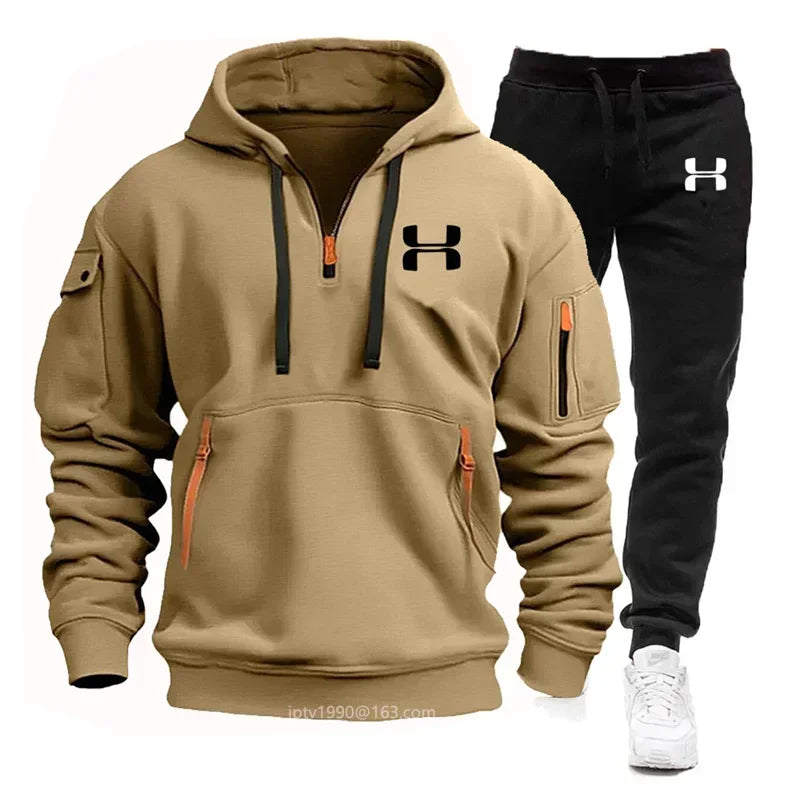 New Long Sleeve Hoodie with Zipper and Multiple Pockets for Men's Autumn and Winter + Sports and Leisure Pants Two-Piece Fitness