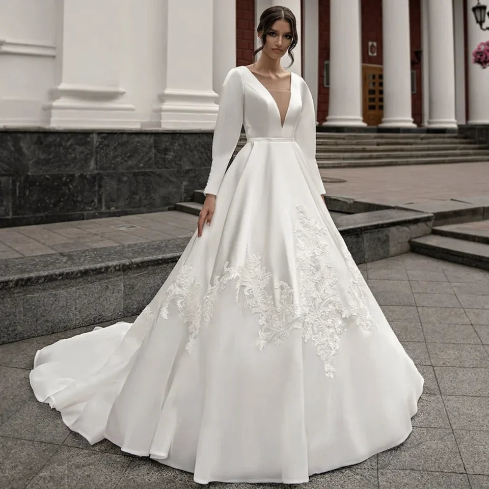 Elegant A-Line Lace Wedding Dress with Court Train