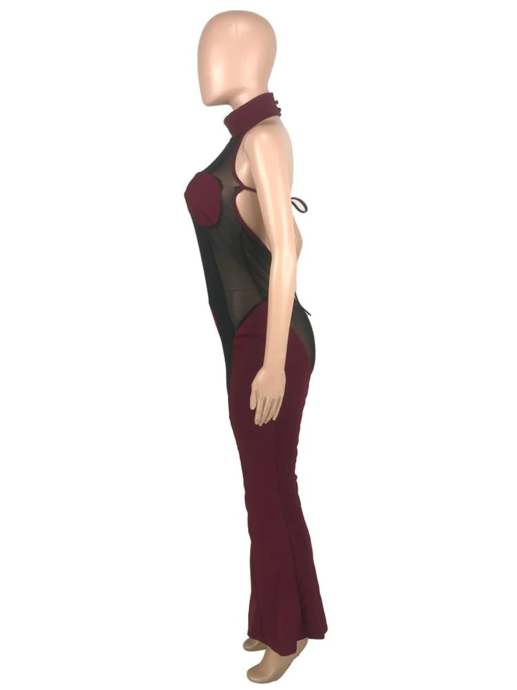 Sheer Lace Halter Flare Jumpsuit