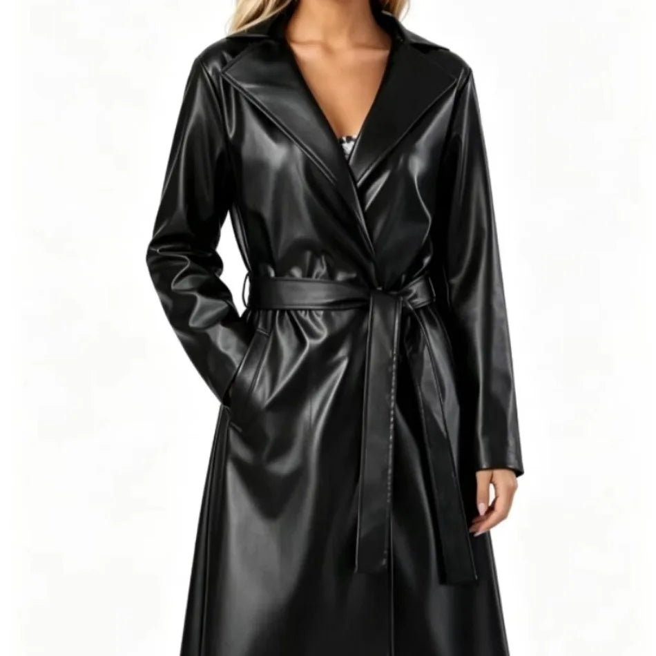 Fashion Turn Down Collar Pu Coat Work Street Wear Tight Waist Jacket Outerwear Women Mid Length Coats Faux Leather Jackets