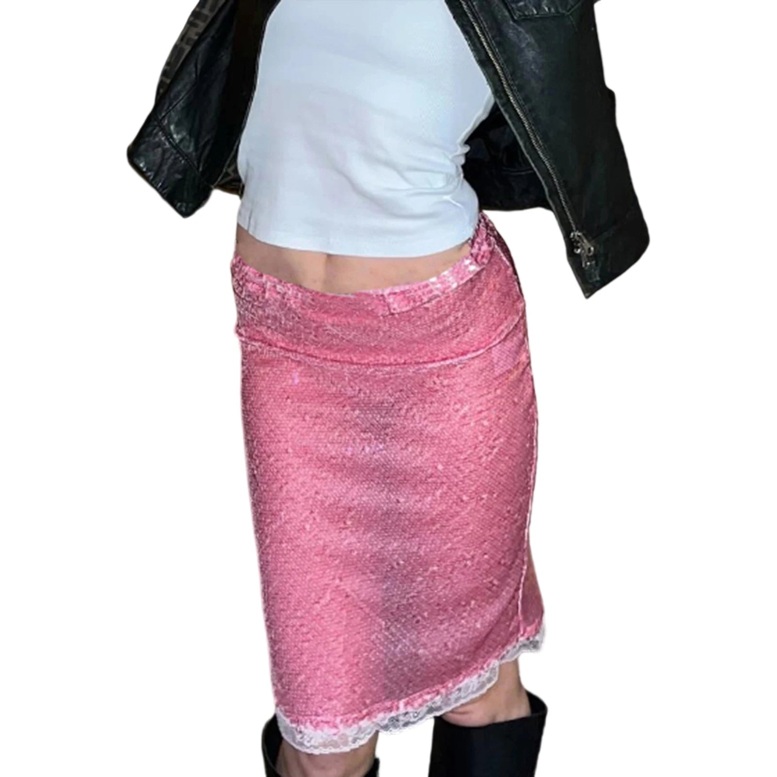 Women's Fashion Midi Skirts Sequins Lace Trim Low Waist Skirts Summer Fashion Bodycon Skirts