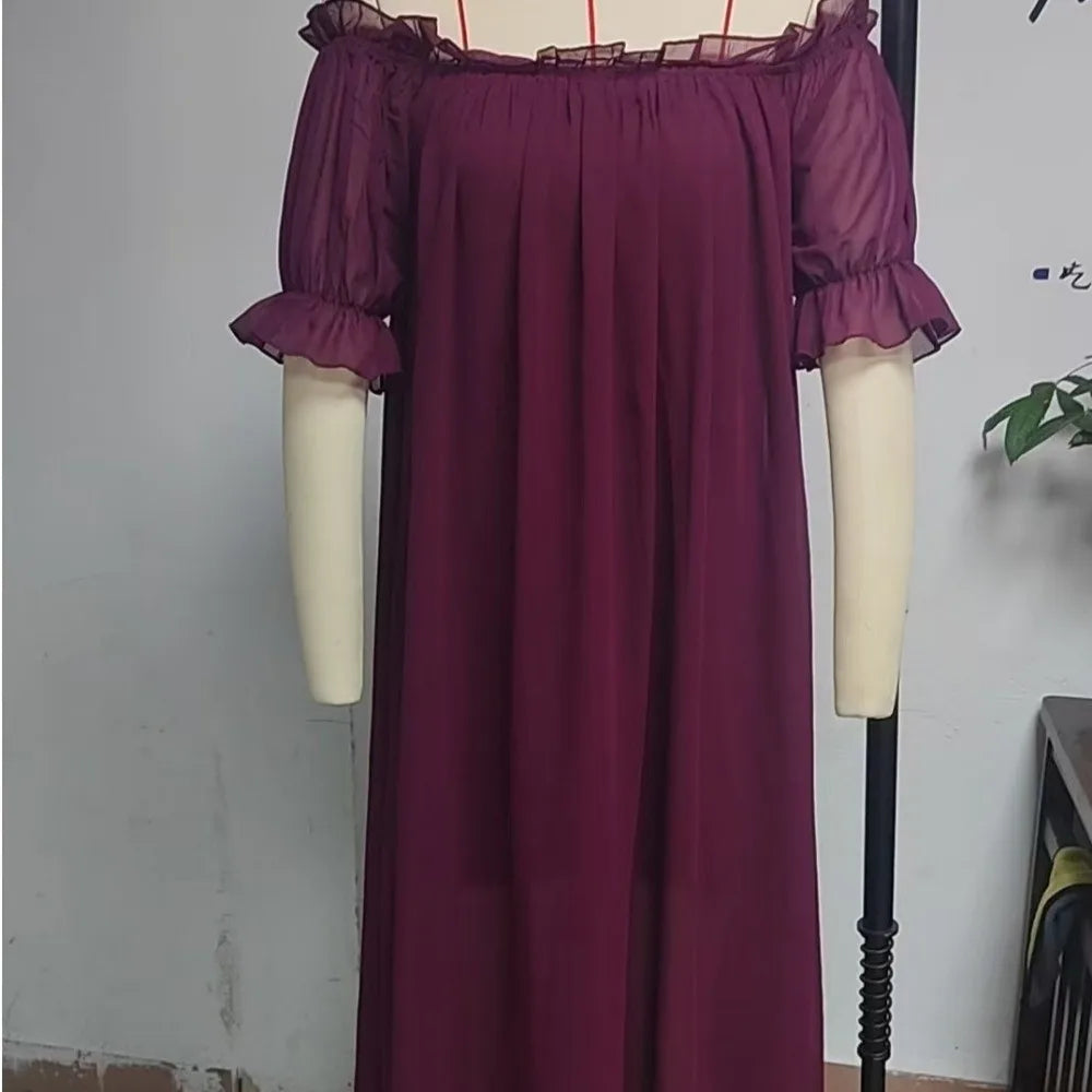Home Dress Off Shoulder Sheer Nightgown V-neck Ruffle Mesh Nightdress Transparent Short Sleeve Long Sleeping Dress Sleep